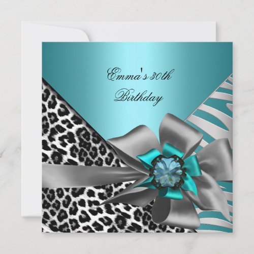Birthday Party 30th Zebra Leopard Teal Blue Black Invitation