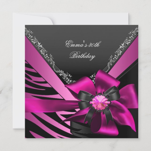 Birthday Party 30th Zebra Pink Black Silver Invitation (Front)
