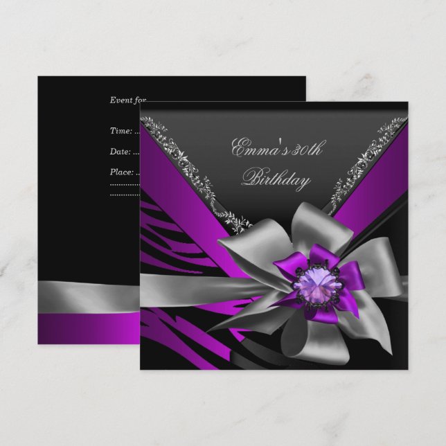 Birthday Party 30th Zebra Purple Black Magenta Invitation (Front/Back)