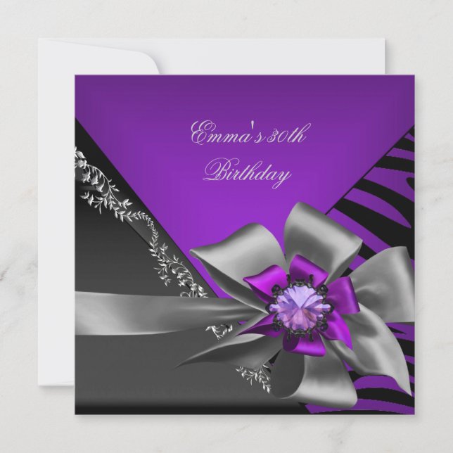 Birthday Party 30th Zebra Purple Black Silver Grey Invitation (Front)