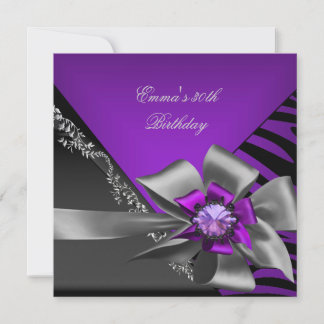Birthday Party 30th Zebra Purple Black Silver Grey Invitation