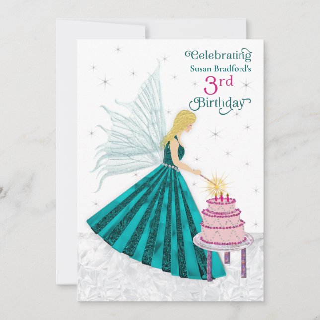 Birthday Party 3 Yr. Girl Fairy Lighting Candles Invitation (Front)
