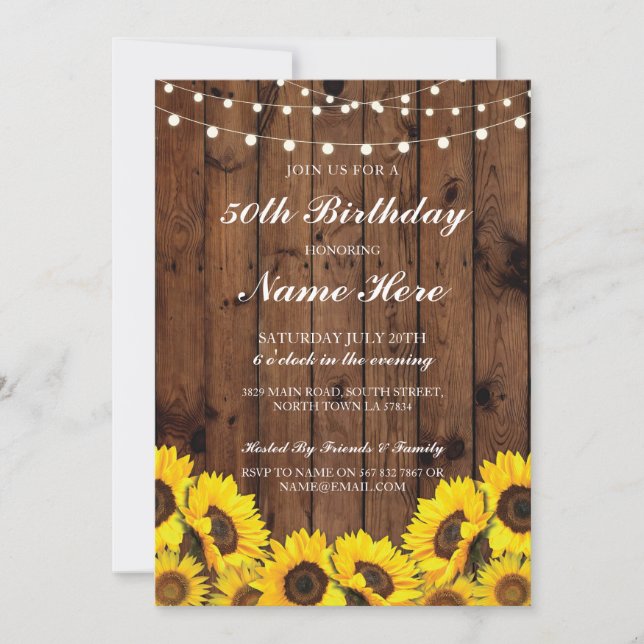 Birthday Party 40th 50th 60 Sunflower Wood Invite (Front)