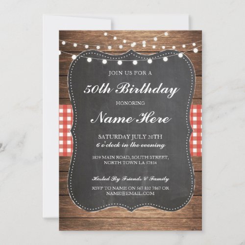 Birthday Party 40th 50th Check Rustic Wood Invite