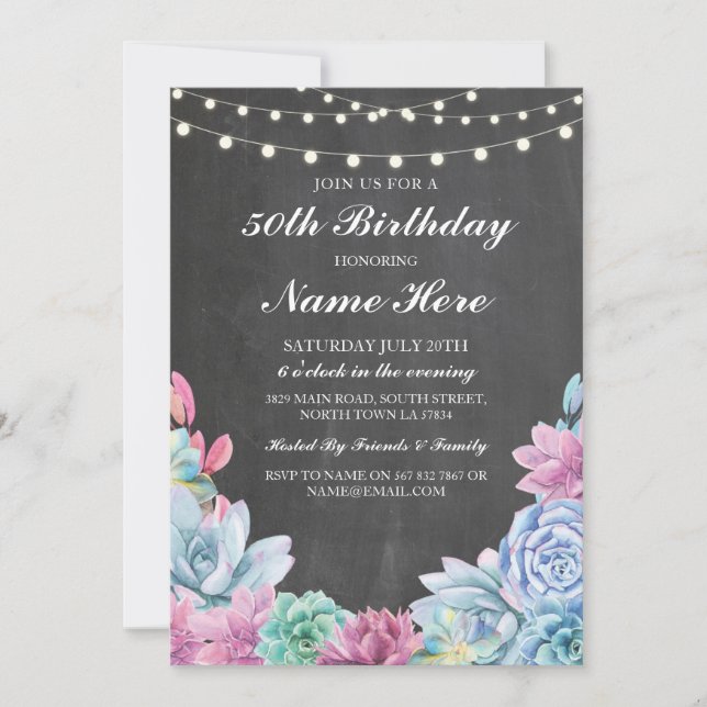 Birthday Party 40th 50th Pastels Succulents Invite (Front)