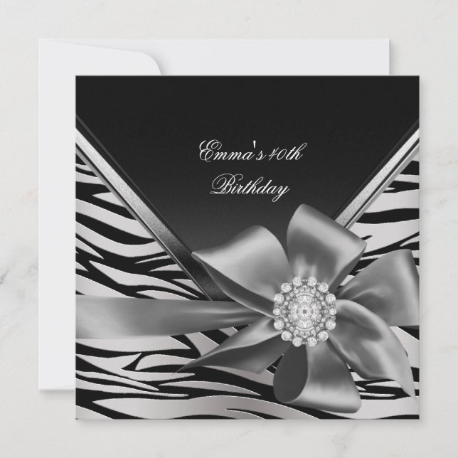 Birthday Party 40th Black Silver Zebra Diamond Invitation (Front)