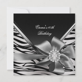 Birthday Party 40th Black Silver Zebra Diamond Invitation