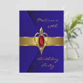 Birthday Party 40th Blue Faux Velvet Red gold Gem Invitation (Standing Front)