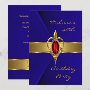 Birthday Party 40th Blue Faux Velvet Red gold Gem Invitation