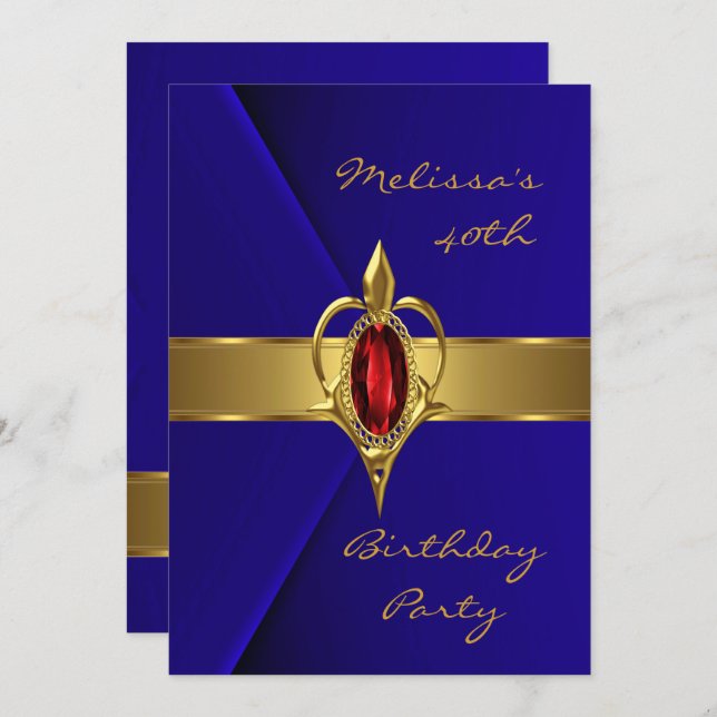 Birthday Party 40th Blue Faux Velvet Red gold Gem Invitation (Front/Back)