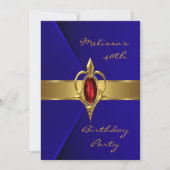 Birthday Party 40th Blue Faux Velvet Red gold Gem Invitation (Front)