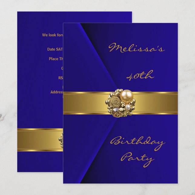 Birthday Party 40th Blue Velvet gold pearl jewel Invitation (Front/Back)