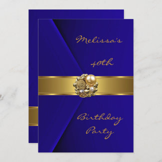 Birthday Party 40th Blue Velvet gold pearl jewel Invitation