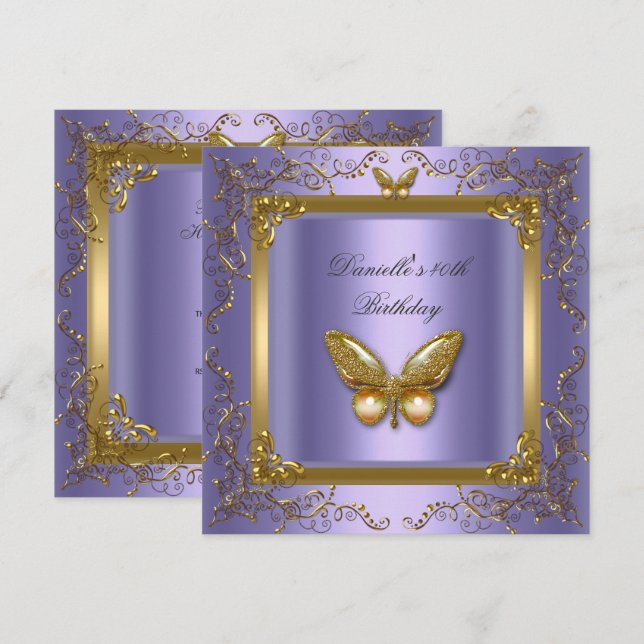 Birthday Party 40th Gold Purple Butterfly Invitation (Front/Back)