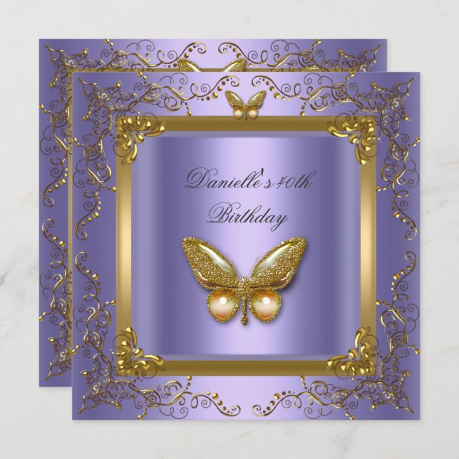 Birthday Party 40th Gold Purple Butterfly Invitation (Front/Back)