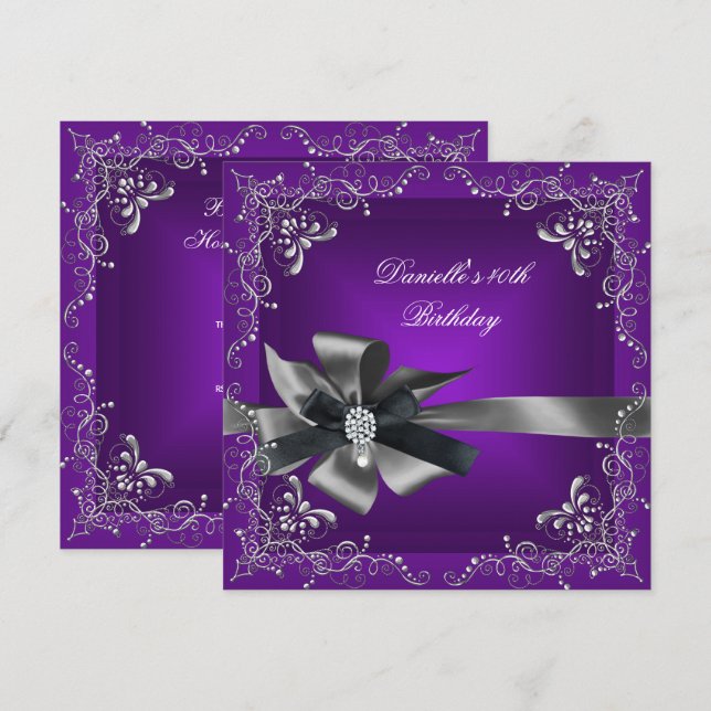 Birthday Party 40th Purple Silver Black Grey Invitation (Front/Back)