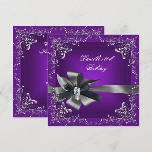 Birthday Party 40th Purple Silver Black Grey Custom Announcements