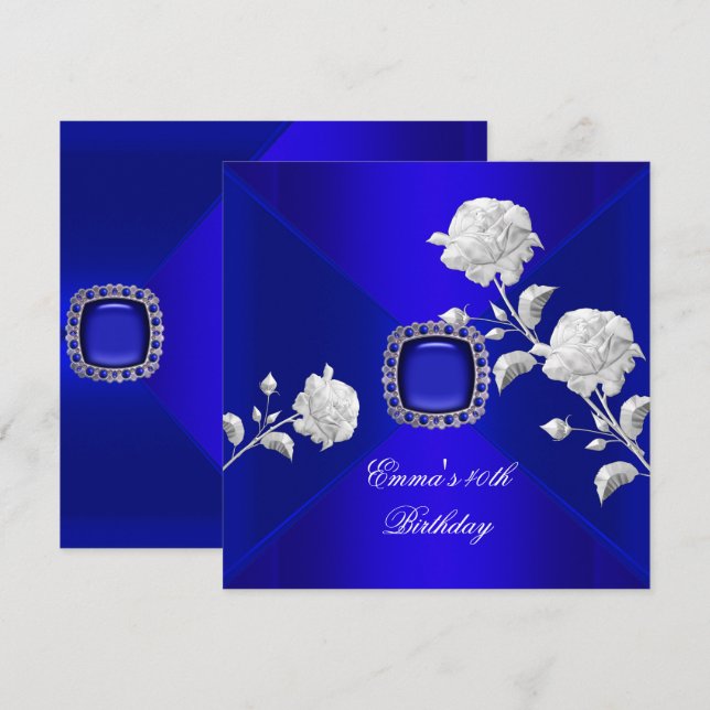 Birthday Party 40th Royal Blue Silver Rose Invitation (Front/Back)