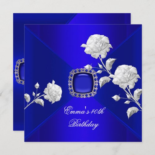 Birthday Party 40th Royal Blue Silver Rose Invitation