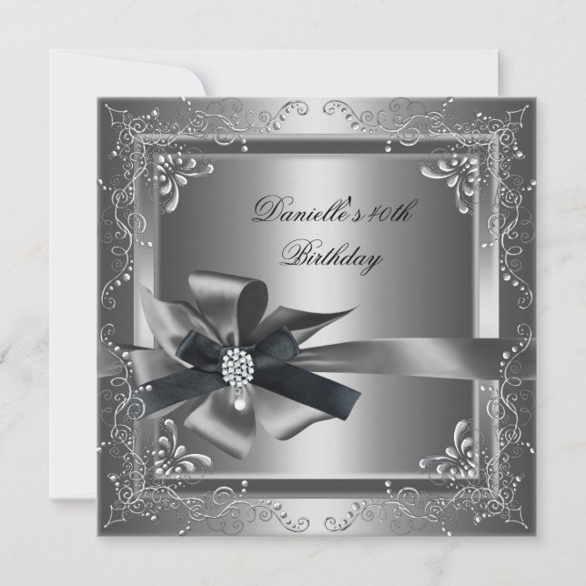 Birthday Party 40th Silver Black Grey Invitation (Front)