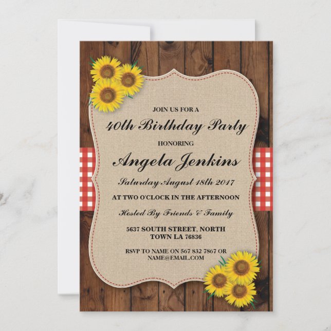 Birthday Party 40th Sunflower Wood Burlap Invite (Front)