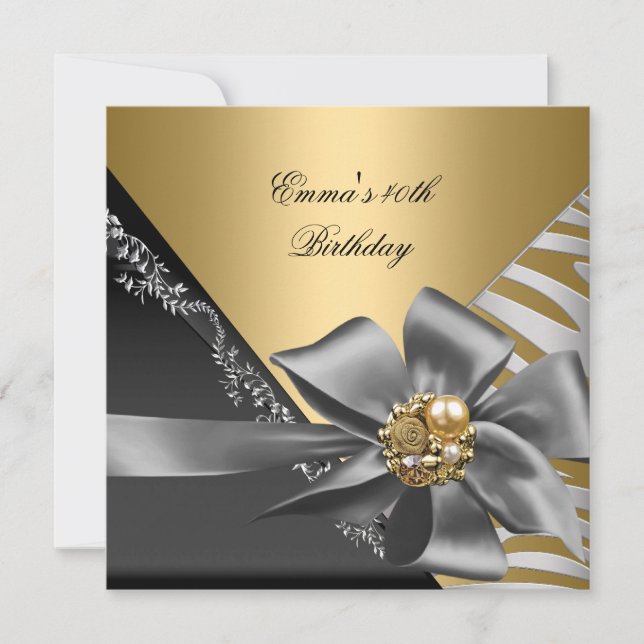 Birthday Party 40th Zebra Gold Black Silver Grey 2 Invitation (Front)