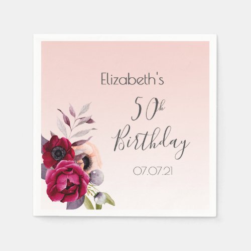 Birthday party 50 burgundy rose gold florals napkins