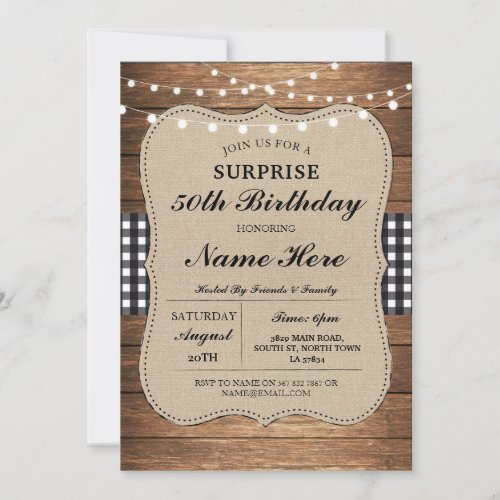 Birthday Party 50th Check Rustic Wood Black White Invitation