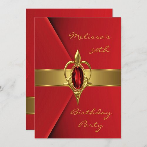 Birthday Party 50th Faux Velvet Red Pearl gold Invitation