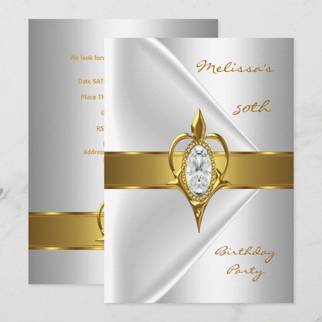 Birthday Party 50th Silk White Diamond gold jewel Invitation (Front/Back)