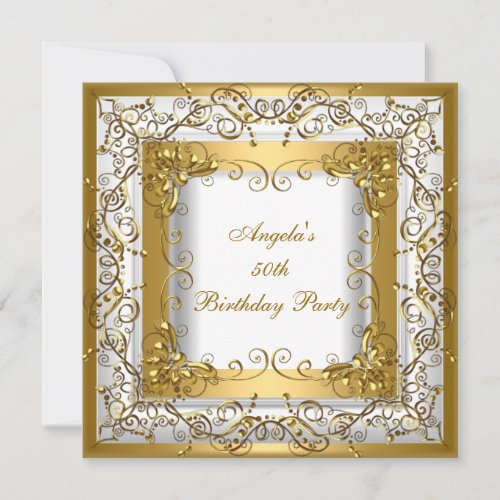 Birthday Party 50th White Gold Floral Custom Invitations