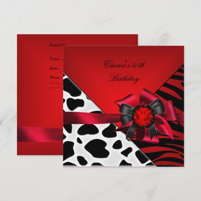 Birthday Party 50th Zebra Cow Red Black White Invitation (Front/Back)
