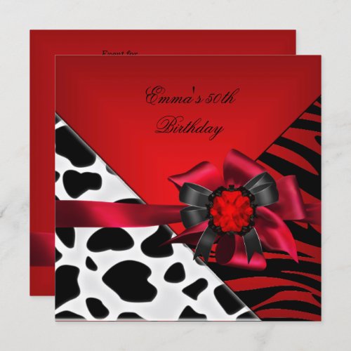 Birthday Party 50th Zebra Cow Red Black White Invitation