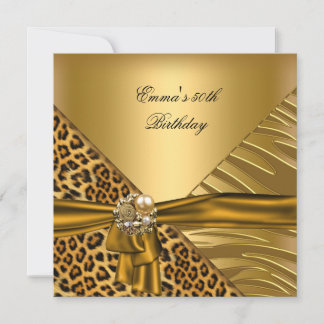 Birthday Party 50th Zebra Leopard Gold Black Bow Invitation