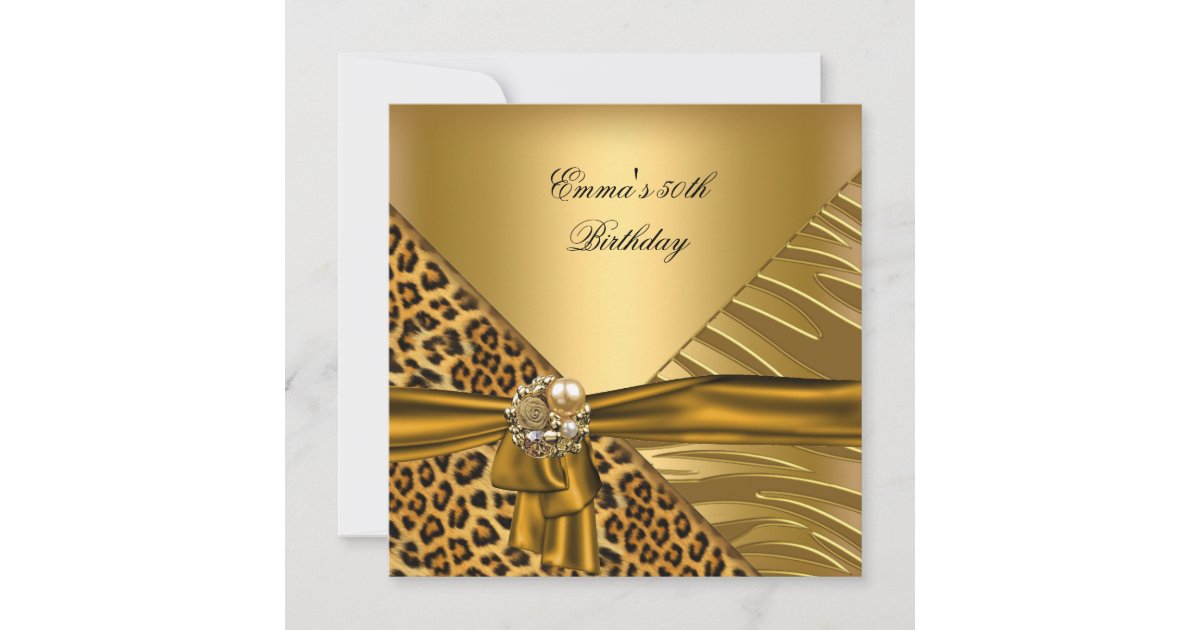 Birthday Party 50th Zebra Leopard Gold Black Bow Invitation | Zazzle