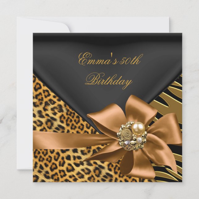 Birthday Party 50th Zebra Leopard Gold Black Invitation (Front)