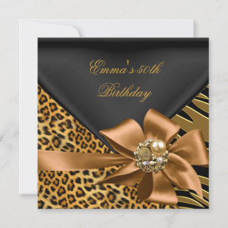 Birthday Party 50th Zebra Leopard Gold Black Invitation