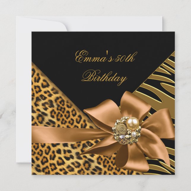 Birthday Party 50th Zebra Leopard Gold Black Invitation (Front)