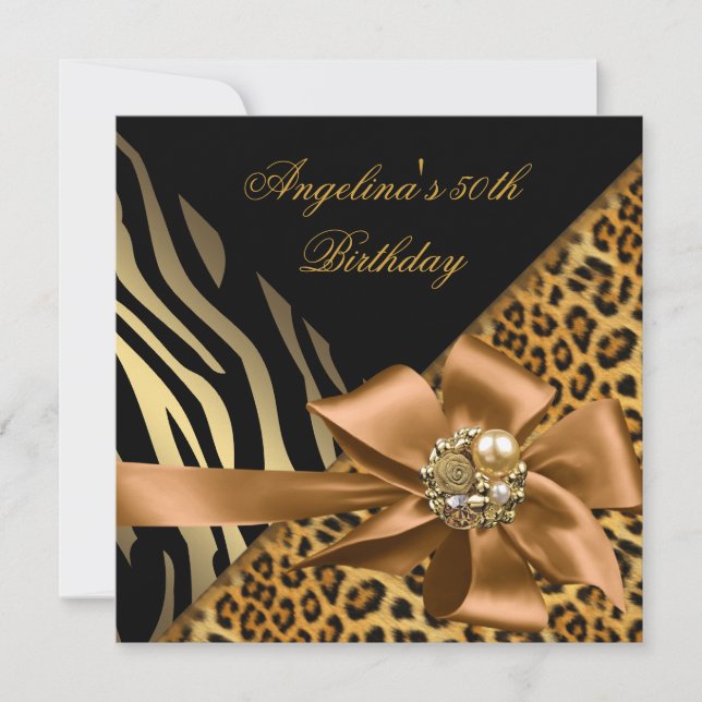 Birthday Party 50th Zebra Leopard Gold Black Invitation (Front)