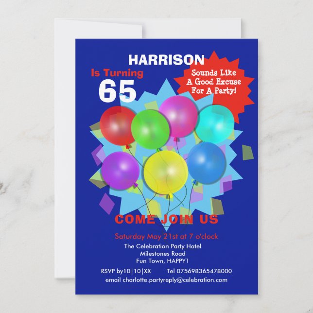 Birthday Party 65th Milestone Personalized Invitat Invitation (Front)