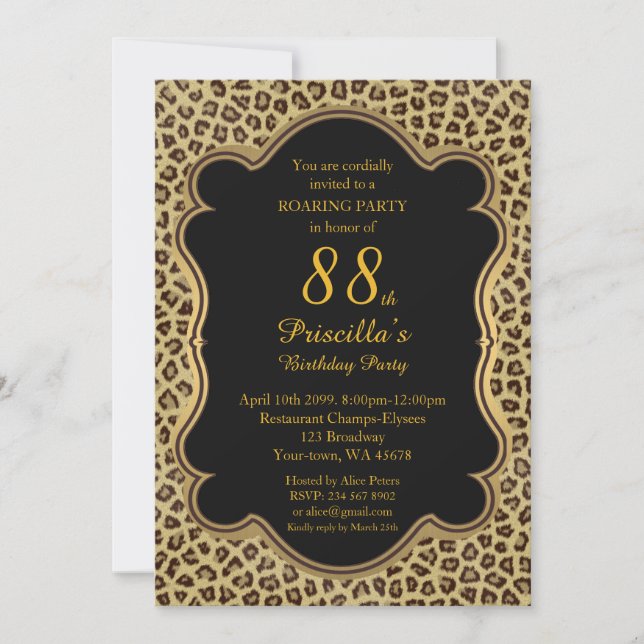 Birthday Party 88th,Cheetah, Black & Gold Invitation (Front)