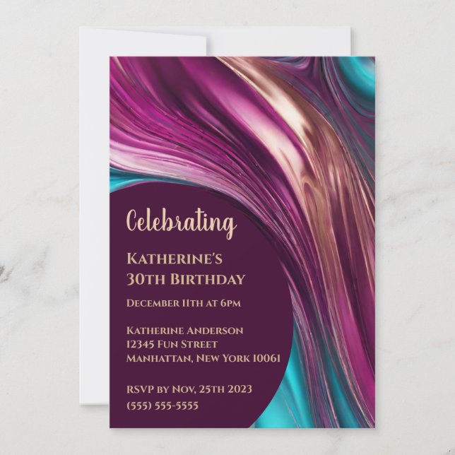 Birthday Party-Abstract Magenta Turquoise and Gold Invitation (Front)