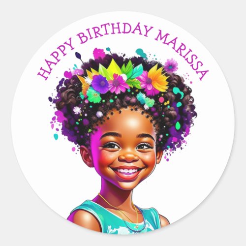 Birthday Party African_American Girl Personalized Classic Round Sticker
