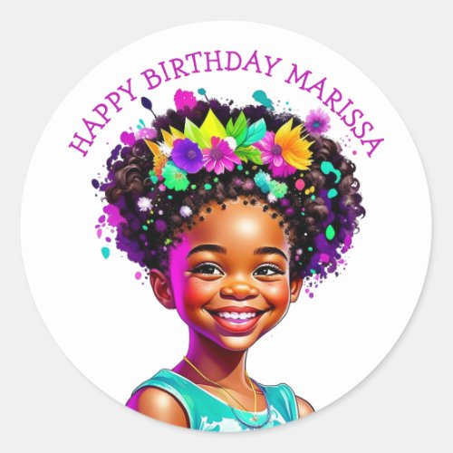 Birthday Party African_American Girl Personalized Classic Round Sticker