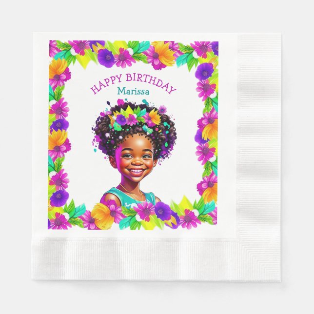 Birthday Party African-American Girl Personalized Napkins (Front)