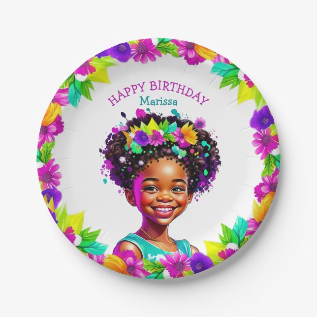 Birthday Party African-American Girl Personalized Paper Plates (Front)