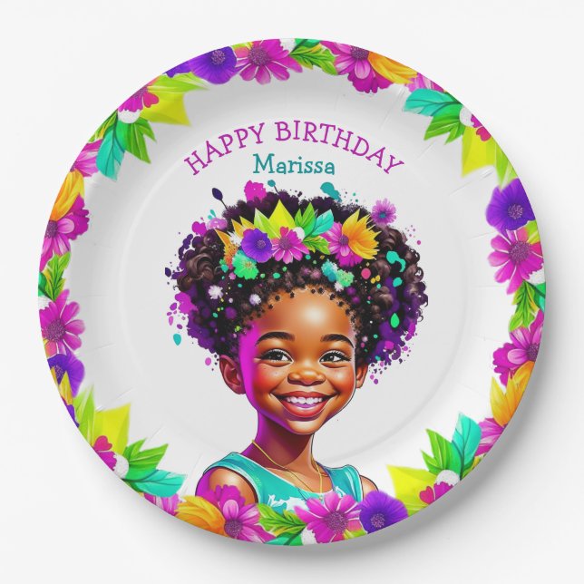 Birthday Party African-American Girl Personalized Paper Plates (Front)