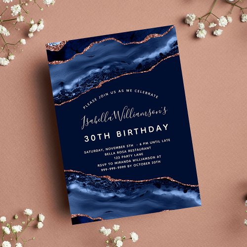 Birthday party agate marble blue rose gold luxury invitation