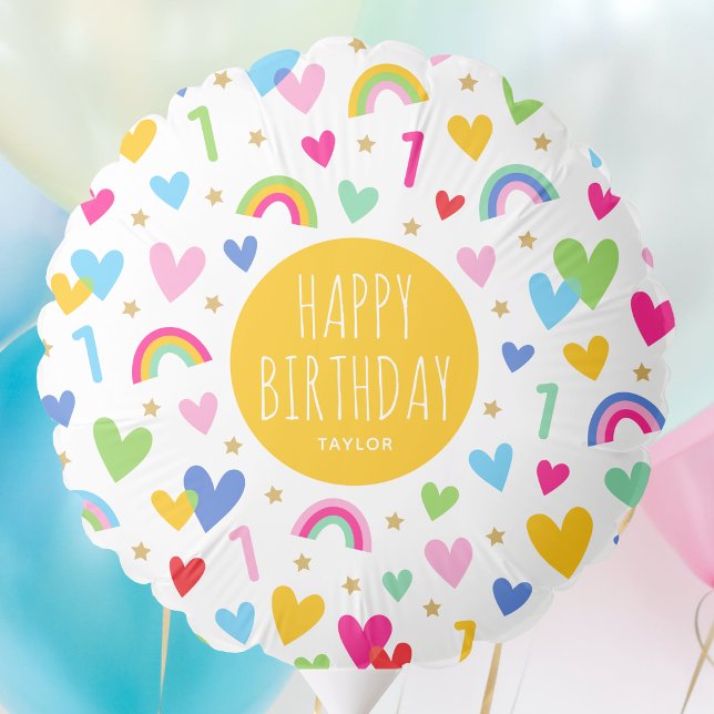 Birthday Party Age Rainbow Hearts 1st Name Yellow Balloon (Creator Uploaded)