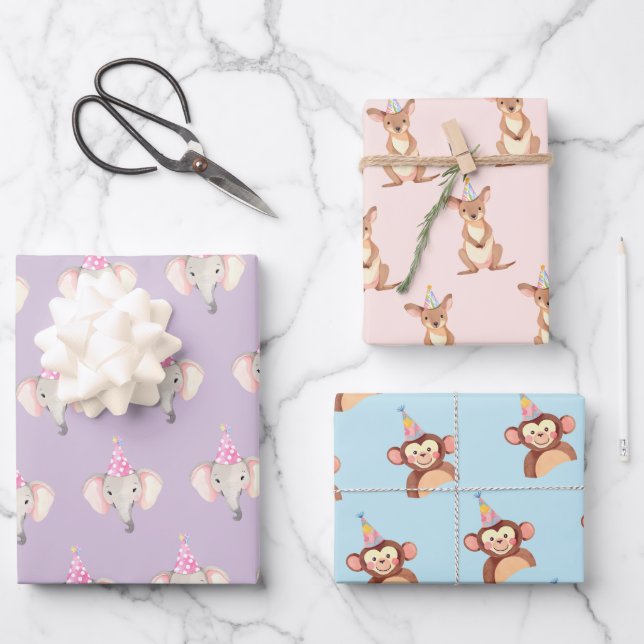 Birthday Party Animal Theme Gift Wrapping Paper (Front)